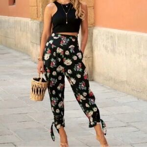 Zara Floral Print Trousers Pants Small XS Black Multi High Waisted Tie Hem NWOT